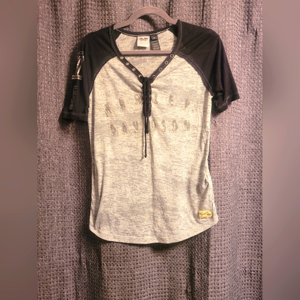 Harley-Davidson Lace-Up Gray and Black Top
